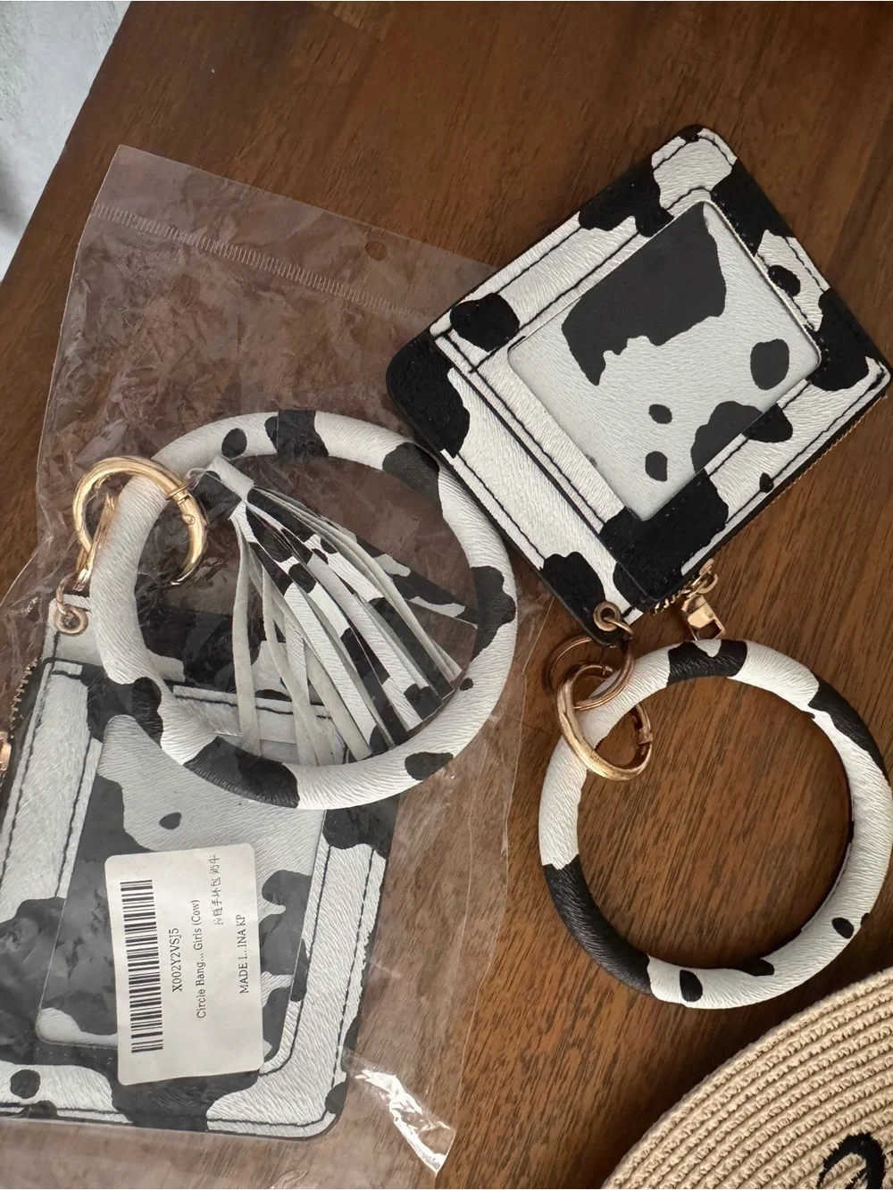 SHEIN Black and White Cow Print Wristlet Keychain with Tassel